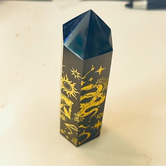 New Natural Obsidian Carved Artisan Sun 24k Gold Tower Point Crystal Decoration - Picture 12 of 16